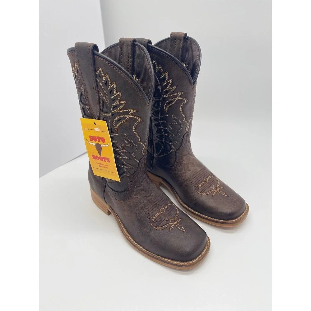 Soto Boots Kids Brown Leather Western Cowboy Boots Square Toe 1844 Size 13.5